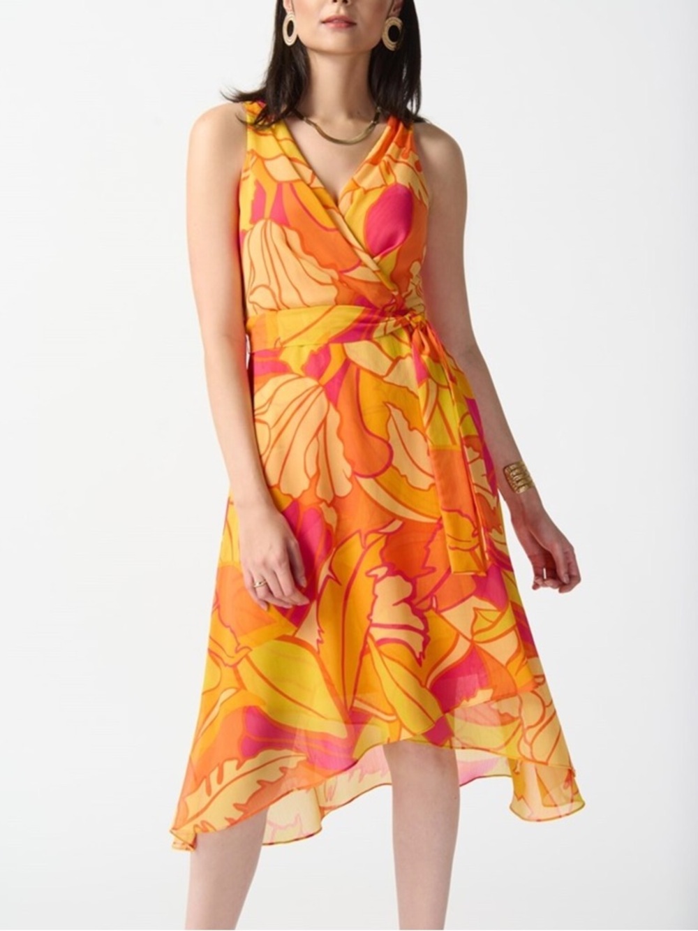 JOSEPH RIBKOFF tropical print wrap chiffon dress women’s size 14 - Picture 1 of 9